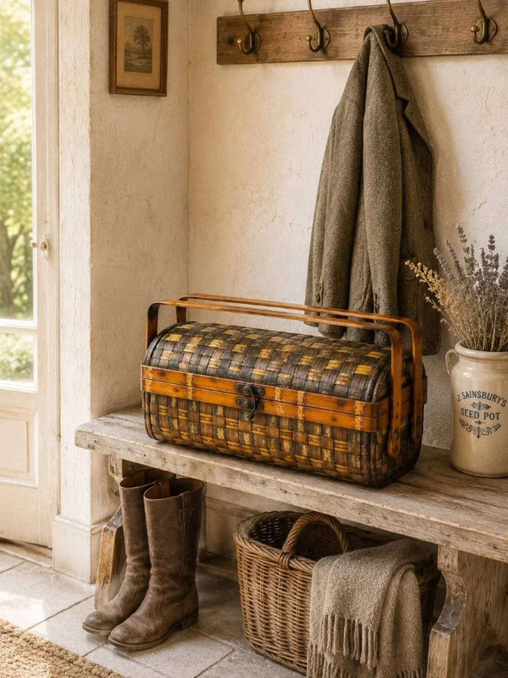 Vintage Woven Wood Basket with Hinged Lid & Double Handles